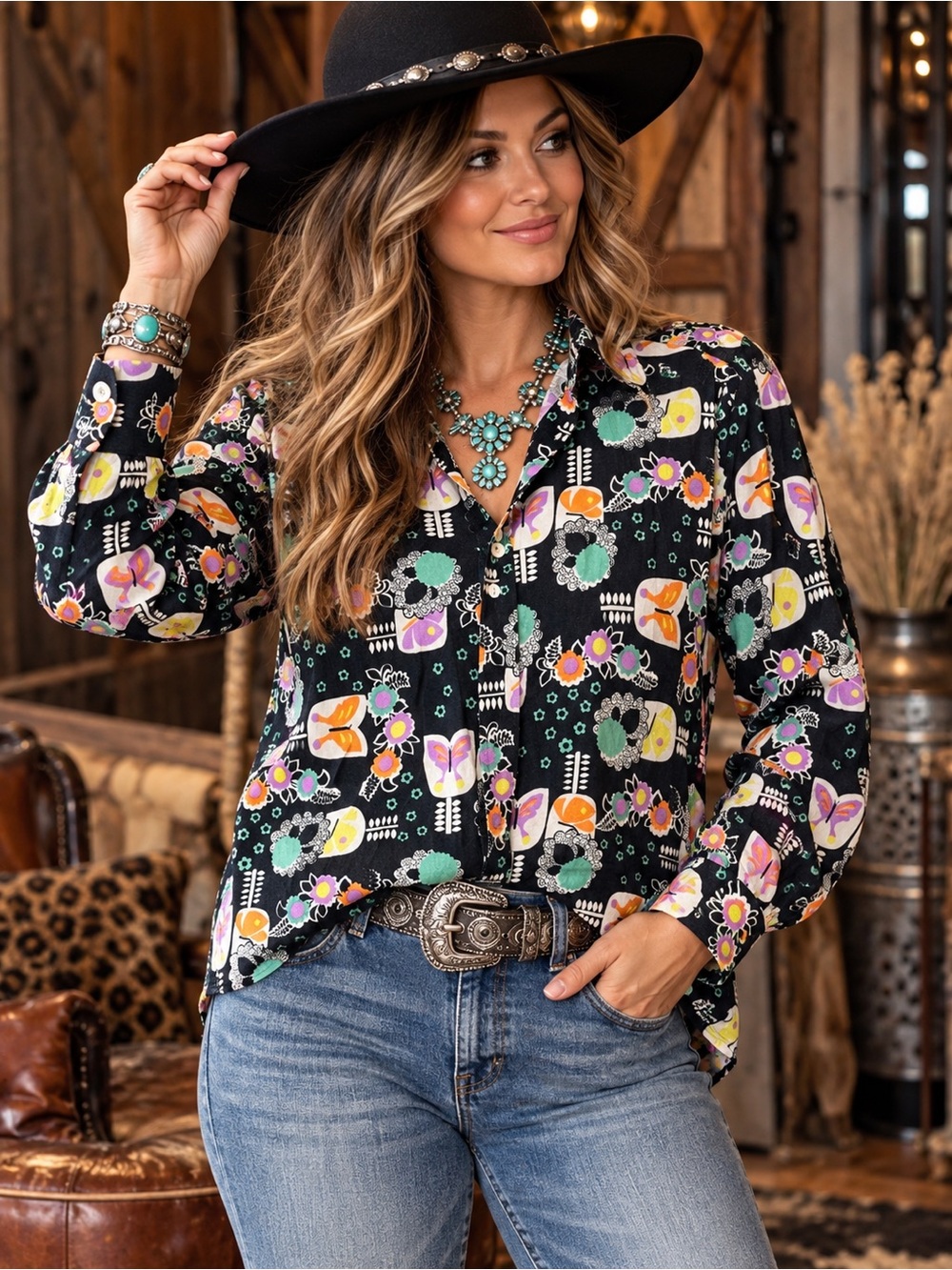 Vintage Mecky Made in Spain Retro Floral Butterfly Button Down Shirt